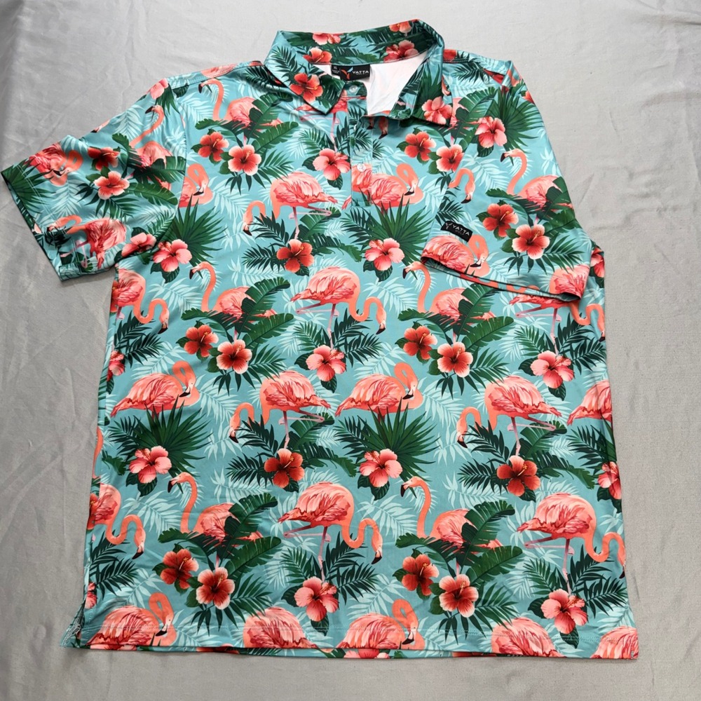 Yatta XL Golf Flamingo‎ Tropical Print Performance Polo Shirt Turquoise Pink